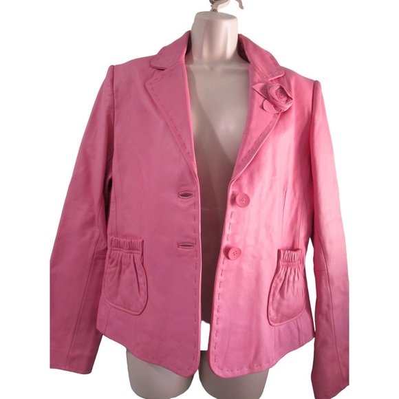 Pink Leather Two Button Lapel Flower Accent Jacket Bl;azer Wilson Ladies Large E - Picture 9 of 16